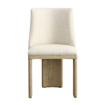 Dining chair by Dovetail in beige linen upholstery with light warm ash wood frame and a smooth matte finish geometry