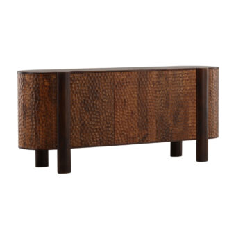 Sideboard by Dovetail in mango wood with brown finish featuring hand carved texture on three doors and four cylindrical legs