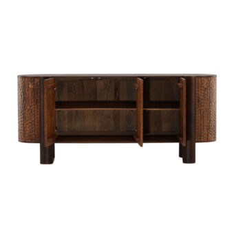 Sideboard by Dovetail Alvoro in mango wood with brown finish, textured scalloped side panels and four cylindrical legs