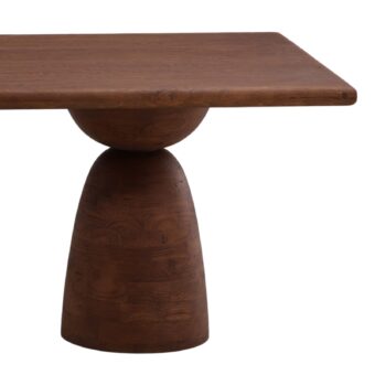 Dining table by Dovetail in brown mango wood with matte finish, showing rectangular top on sculptural pedestal base units