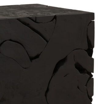 Bench by Dovetail in reclaimed wood segments with matte black finish, showing a block profile and textured patchwork top