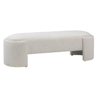 Bench by Dovetail in off white looped boucle fabric with a continuous base and rounded end panels in horizontal form