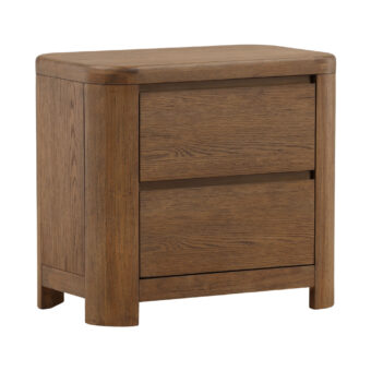 Nightstand by Dovetail Chadwick in brown oak veneer and rubber wood with matte finish, two handle-free drawers block feet