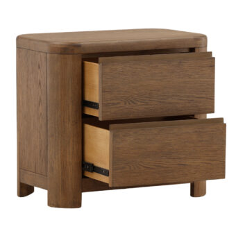 Nightstand by Dovetail Chadwick in rubber wood and brown oak veneer with linear grain, softened corners, two drawers