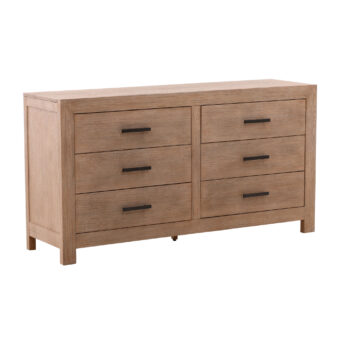 Dresser by Dovetail Emmalyn in solid pine wood and veneer with warm wash finish, six drawers and matte black bar…