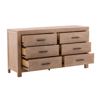 Dresser by Dovetail Emmalyn in solid pine wood and veneer with light warm wash finish, six drawers, dark hardware, feet