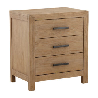 Nightstand by Dovetail Emmalyn in pine wood with light warm wash finish, three drawers, black metal handles, square legs