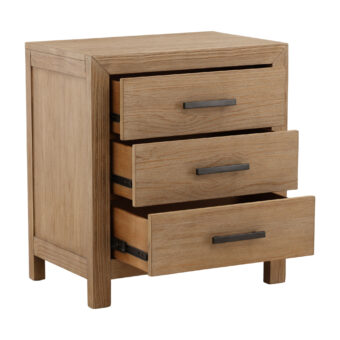 Nightstand by Dovetail Emmalyn in pine wood with light warm wash finish, three drawers and charcoal metal bar pulls