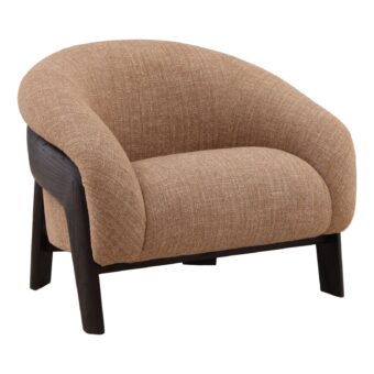 Occasional chair by Dovetail in warm tan textured fabric with a dark wood frame showing natural grain and smooth finish