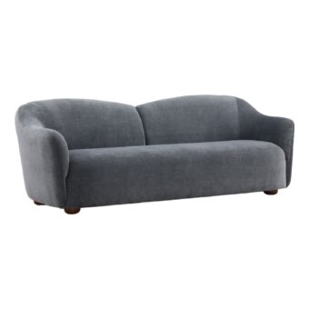 Sofa by Dovetail Francesca in dark grey polyester upholstery with a hardwood frame and polished wood feet, curved base