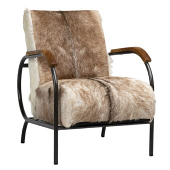 Lounge chair by Dovetail in brown and white animal hide upholstery with dark metal frame and satin wood armrest inserts