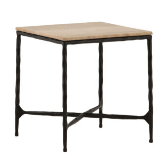 Side table by Dovetail Lewelyn with natural travertine top in matte finish and black iron base having textured surface