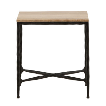 Side table by Dovetail Lewelyn with natural travertine top, black iron base, hammered metal frame, geometric cross support