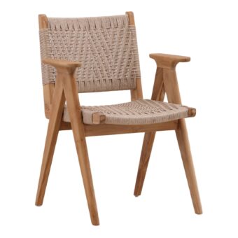 Armchair by Dovetail in light beige woven rope with wood frame in matte medium brown finish featuring geometric silhouette