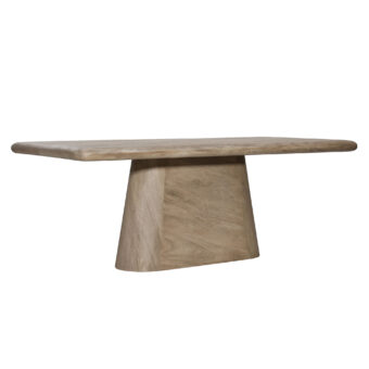 Dining table by Dovetail Marci in medium beige brown acacia wood featuring a rectangular top, rounded edges, and pedestal base…