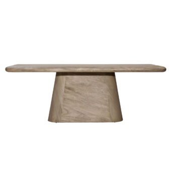Dining table by Dovetail Marci in solid acacia wood with a weathered natural finish, light brown grain and greyish tones