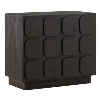 Sideboard by Dovetail in wood with dark matte charcoal black finish, rectangular frame and square panel cabinet doors