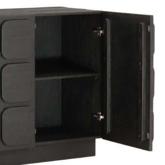 Sideboard by Dovetail in wood with matte dark charcoal finish, showing geometric square paneling and recessed plinth base
