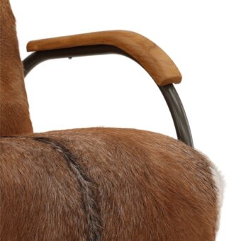 Lounge chair by Dovetail Newland in brown tan hair-on hide upholstery with natural wood armrests and matte metal frame