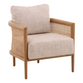 Lounge chair by Dovetail featuring a wood frame, woven cane paneling, neutral beige fabric upholstery, straight cylindrical legs