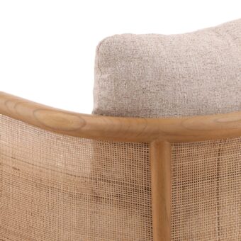 Lounge chair by Dovetail in light beige speckled textured fabric, featuring a medium tone brown wooden frame and cane back