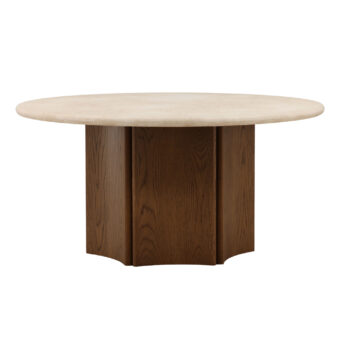 Dining table by Dovetail Oja in cream marble and brown oak with a sculptural pedestal base featuring vertical wood panels