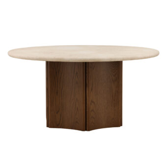 Dining table by Dovetail Oja in cream marble with brown oak wood pedestal base displaying a faceted, satin grain pattern