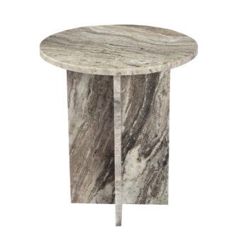 Side table by Dovetail Peter with circular marble top and intersecting stone slab base in polished grey beige brown tones