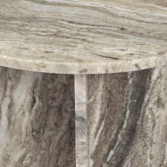 Side table by Dovetail Peter featuring a circular marble top, polished finish, organic veining, cylindrical base