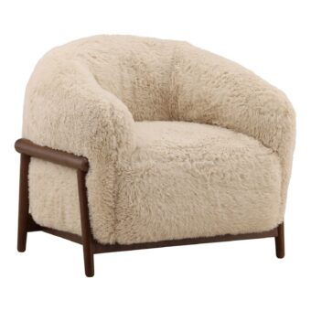 Occasional chair by Dovetail in cream faux fur upholstery with a dark brown rubber wood frame and barrel shaped silhouette