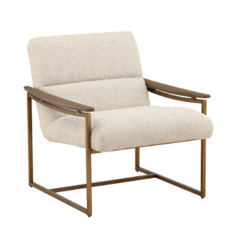 Occasional chair by Dovetail in nubby off-white polyester upholstery with dark matte wood armrests and brushed brass base