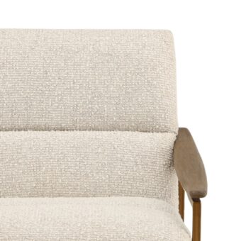Occasional chair by Dovetail in off-white polyester upholstery with brown wood armrests plus muted gold metal support