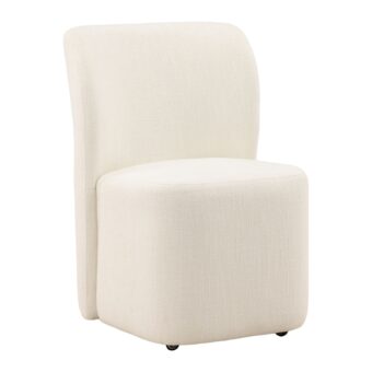 Dining chair by Dovetail Saoirse in off-white textured upholstery with woven matte finish and tall straight backrest