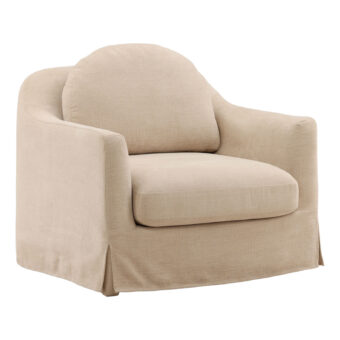 Lounge chair by Dovetail in light beige woven textile featuring a rounded silhouette and tailored skirt concealing its swivel base