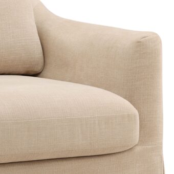 Lounge chair by Dovetail in light beige textile upholstery with woven fabric finish and swivel base