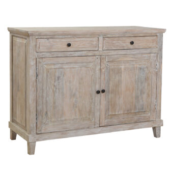 Sideboard by Dovetail in mango wood with matte weathered finish, featuring rectangular shape and dark metal knobs