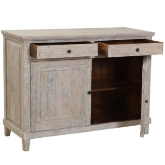 Sideboard by Dovetail in mango wood with weathered whitewashed finish, featuring drawers and cabinet doors