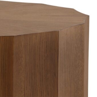 Coffee table by Dovetail Tamsin in medium brown rubber wood and oak veneer with matte finish plus geometric drum structure