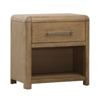 Nightstand by Dovetail built from rubber wood and oak veneer featuring a single drawer alongside brushed metal pull and open…