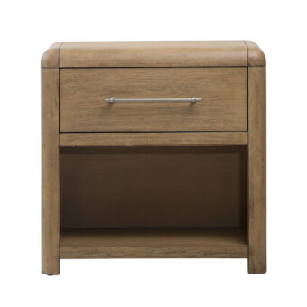 Nightstand by Dovetail in natural rubber wood and oak veneer with matte finish, featuring drawer and open shelf