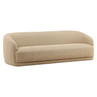 Sofa by Dovetail in light beige bouclé upholstery with continuous curved backrest, rounded armrests and plinth base wood