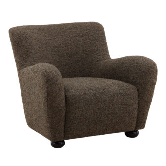 Lounge chair by Dovetail Zulia in moss green multi tone boucle fabric featuring dark finished glossy wooden bun feet