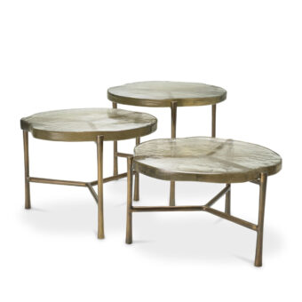 Coffee table set by Eichholtz featuring free form glass tops in yellowish green and vintage brass finish metal base