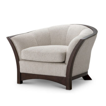 Lounge chair by Eichholtz with dark wood finish and Palmer Beige upholstery featuring vertical channels