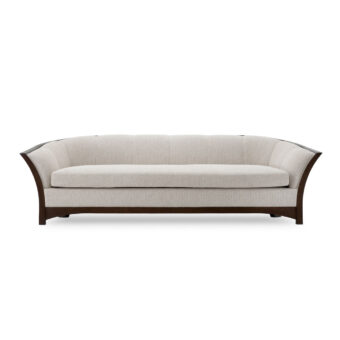 Sofa by Eichholtz in light grey textured upholstery with vertical channel tufting and mahogany look satin wood frame