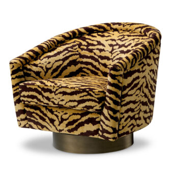 Lounge chair by Eichholtz in yellow and dark brown tiger-print textile with a cylindrical brushed brass base and backrest