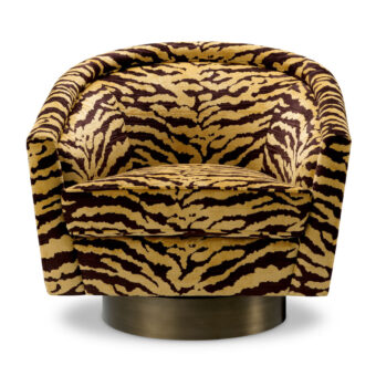 Lounge chair by Eichholtz in Tigris brown tiger-print fabric with swivel base in a brushed brass-finish tub silhouette