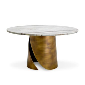Coffee table by Eichholtz Nuova in off-white marble with gray linear patterns on a cylindrical vintage brass metal base