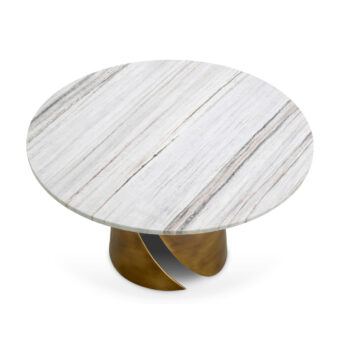 Coffee table by Eichholtz Nuova in white marble with grey and reddish-brown veining on a vintage brass metallic pedestal