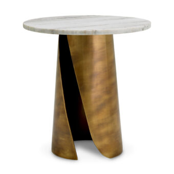 Side table by Eichholtz Nuova with circular white marble top, cylindrical metal base in vintage brass and vertical cutout